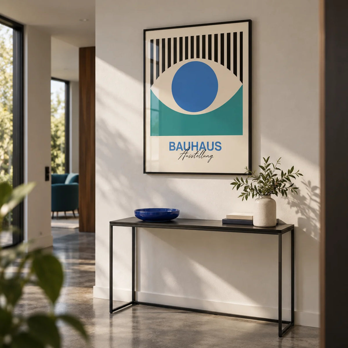 Abstract Eye Print, framed on the wall of a modern hallway with a polished concrete floor
