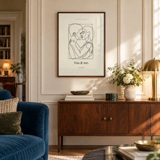 Abstract Figures in a townhouse living room, dark wood frame