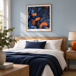 Abstract Floral Art, framed on the wall of a calm contemporary bedroom in a renovated terraced home with a pale blue wall