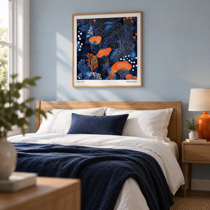 Abstract Floral Art, framed on the wall of a calm contemporary bedroom in a renovated terraced home with a pale blue wall