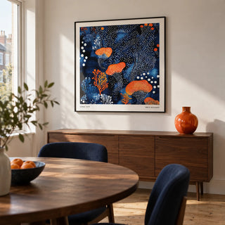 Abstract Floral Art, framed on the wall of a compact modern dining room in a UK flat with a soft white wall