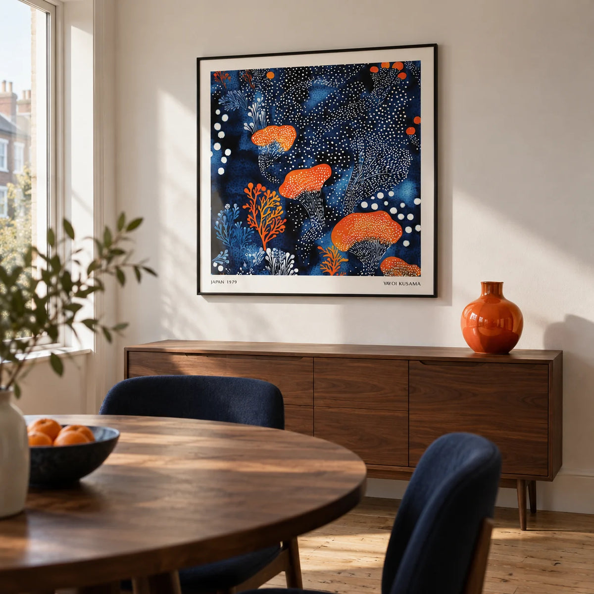 Abstract Floral Art, framed on the wall of a compact modern dining room in a UK flat with a soft white wall