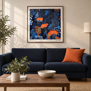 Abstract Floral Art, framed on the wall of a modern living room in a UK city flat with a warm white wall and an oak floor