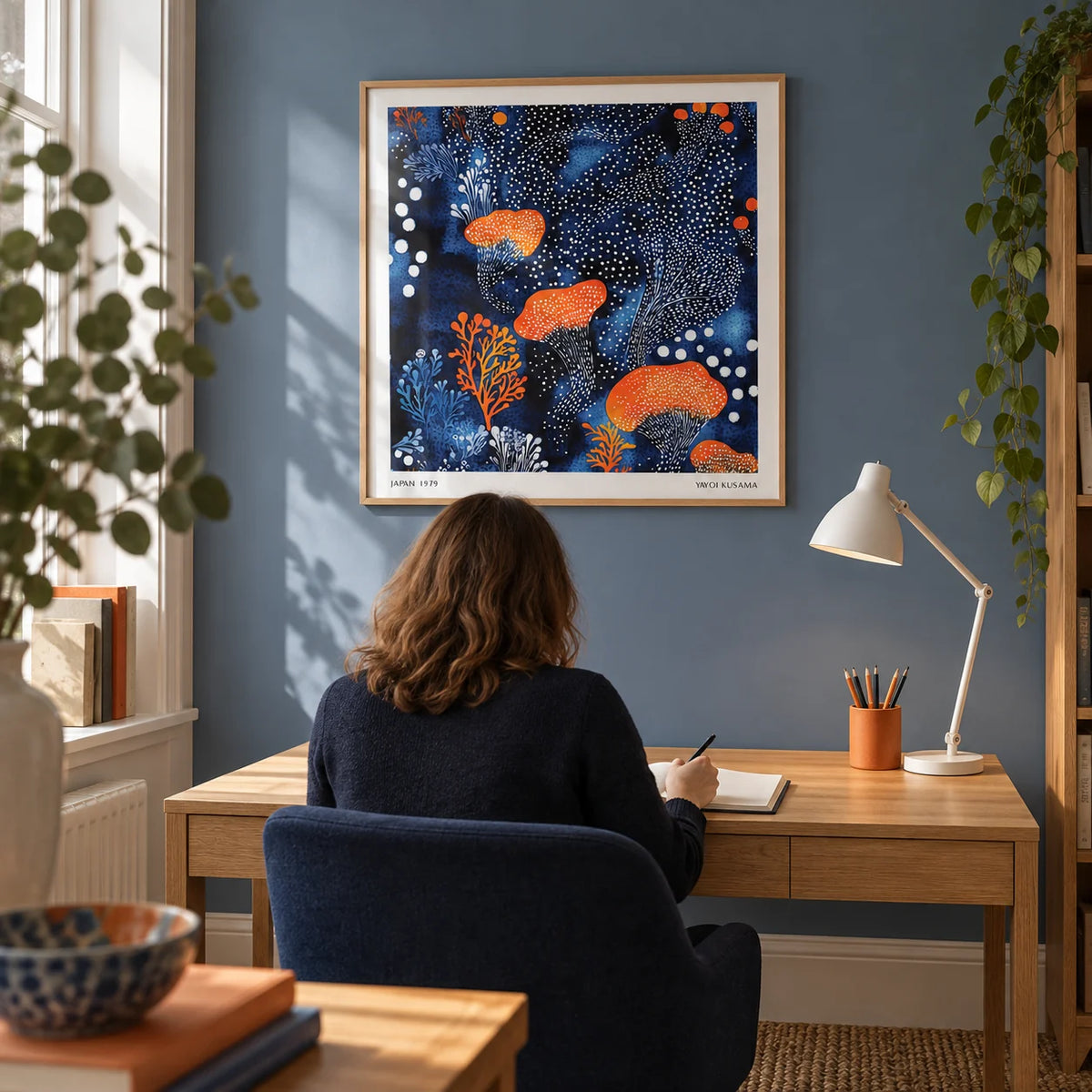 Abstract Floral Art, framed on the wall of a quiet home study in a terraced house with a muted blue wall