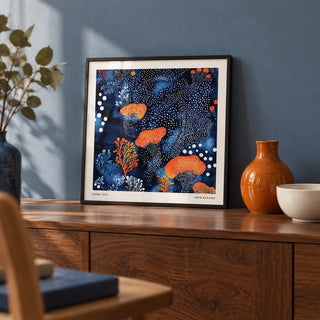 Abstract Floral Art, a small A4 framed print leaning on a walnut sideboard in a living room