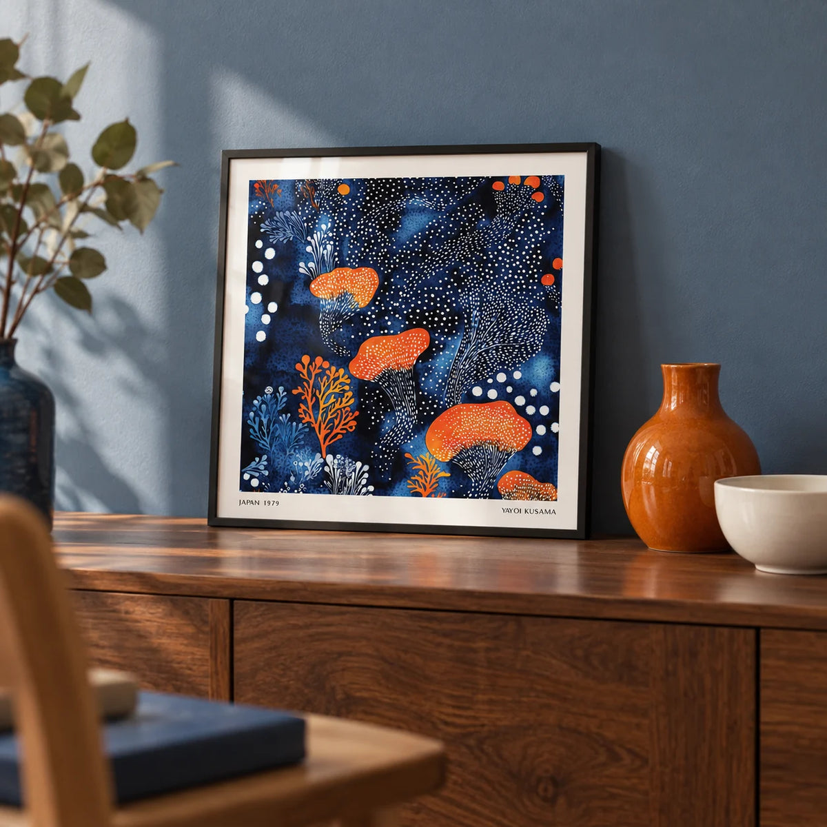 Abstract Floral Art, a small A4 framed print leaning on a walnut sideboard in a living room
