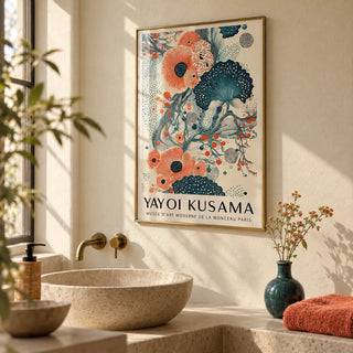 Abstract Floral Poster, framed on the wall of a calm bathroom with cream plaster walls and a plain stone basin