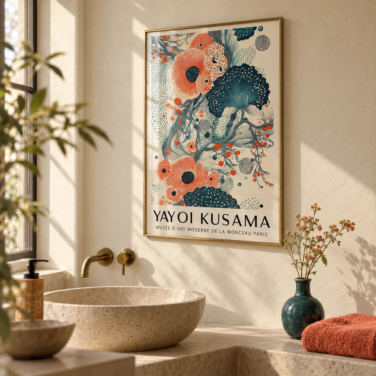 Abstract Floral Poster, framed on the wall of a calm bathroom with cream plaster walls and a plain stone basin