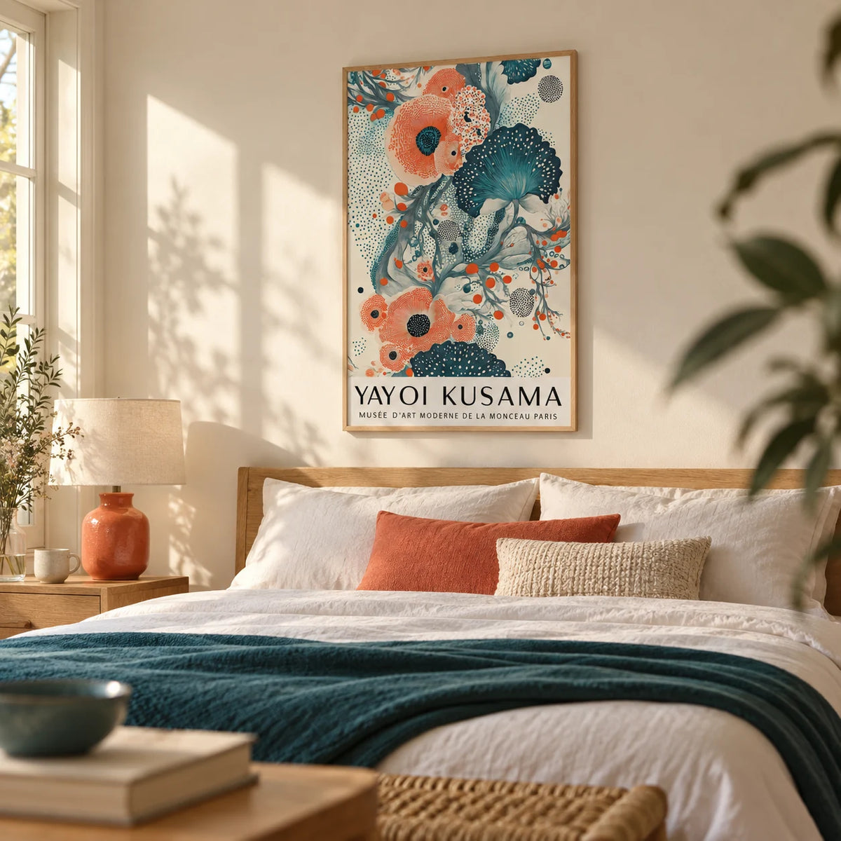 Abstract Floral Poster, framed on the wall of a calm bedroom with a warm cream wall