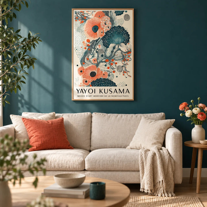 Abstract Floral Poster, framed on the wall of a calm living room with a deep teal painted wall and a pale oak floor