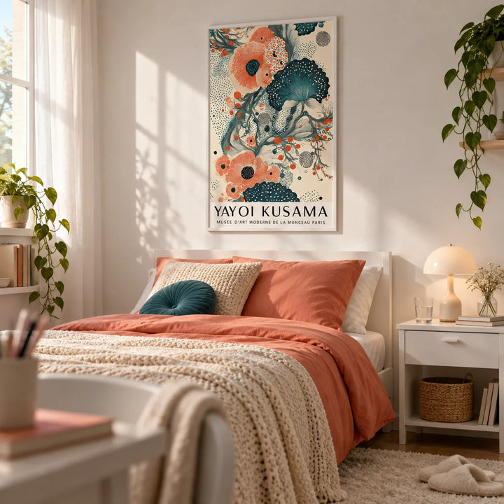 Abstract Floral Poster, framed on the wall of a calm teen girl's bedroom (13-17) with a soft white wall