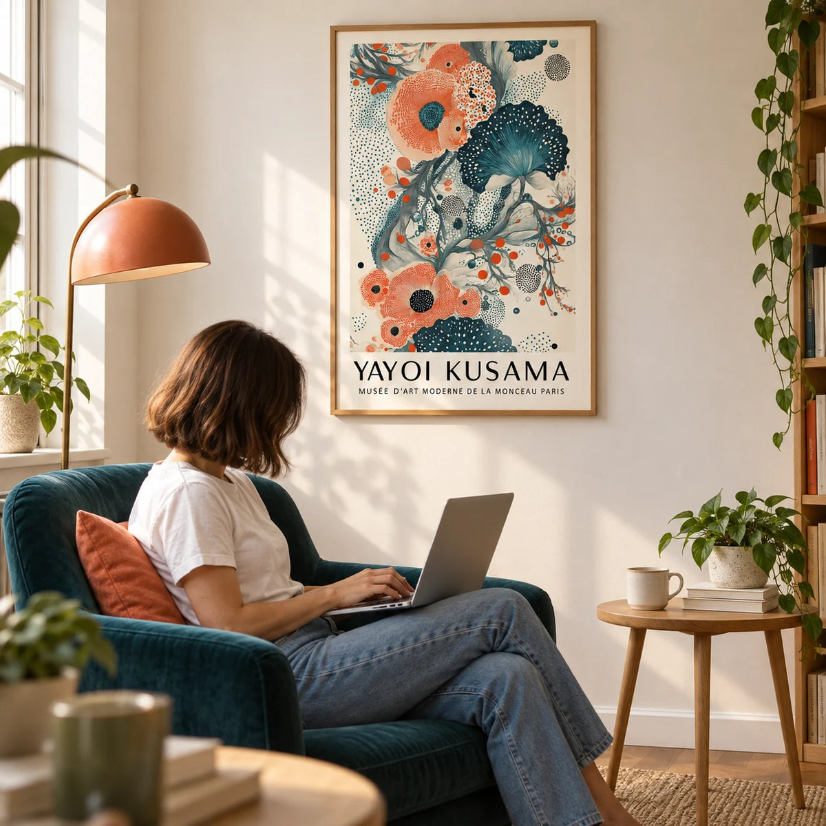 Abstract Floral Poster, framed on the wall of a reading corner in a first flat (22-28) with a warm white wall in a living room
