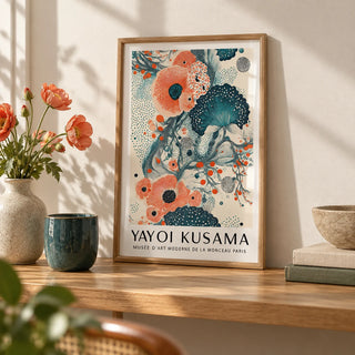 Abstract Floral Poster, a small A4 framed print leaning on an oak shelf in a living room