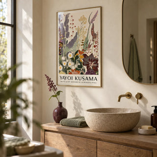 Abstract Floral Print, framed on the wall of a calm bathroom with cream plaster walls and a plain stone basin on an oak vanity