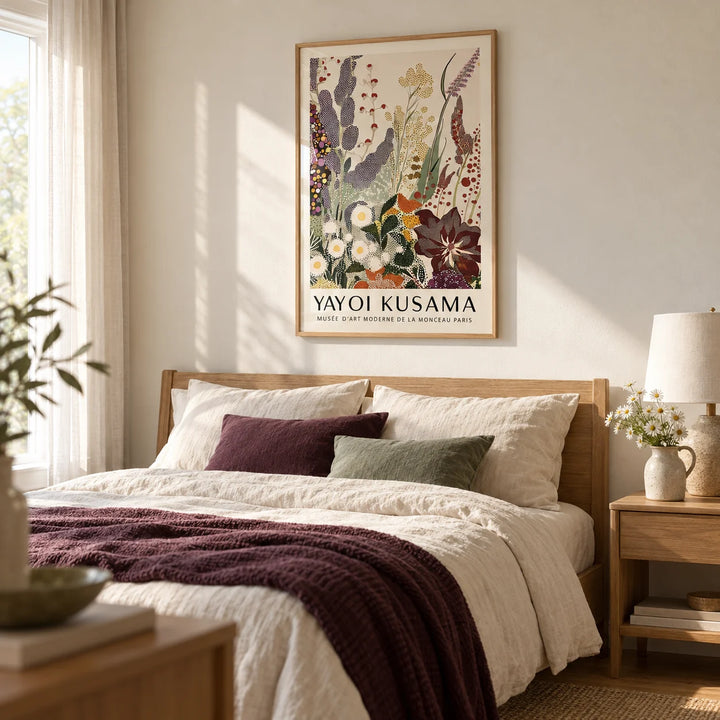 Abstract Floral Print, framed on the wall of a calm bedroom with a warm white wall