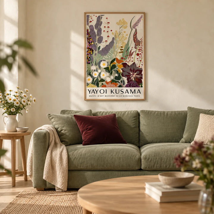 Abstract Floral Print, framed on the wall of a calm living room with a soft cream limewashed wall and a pale oak floor