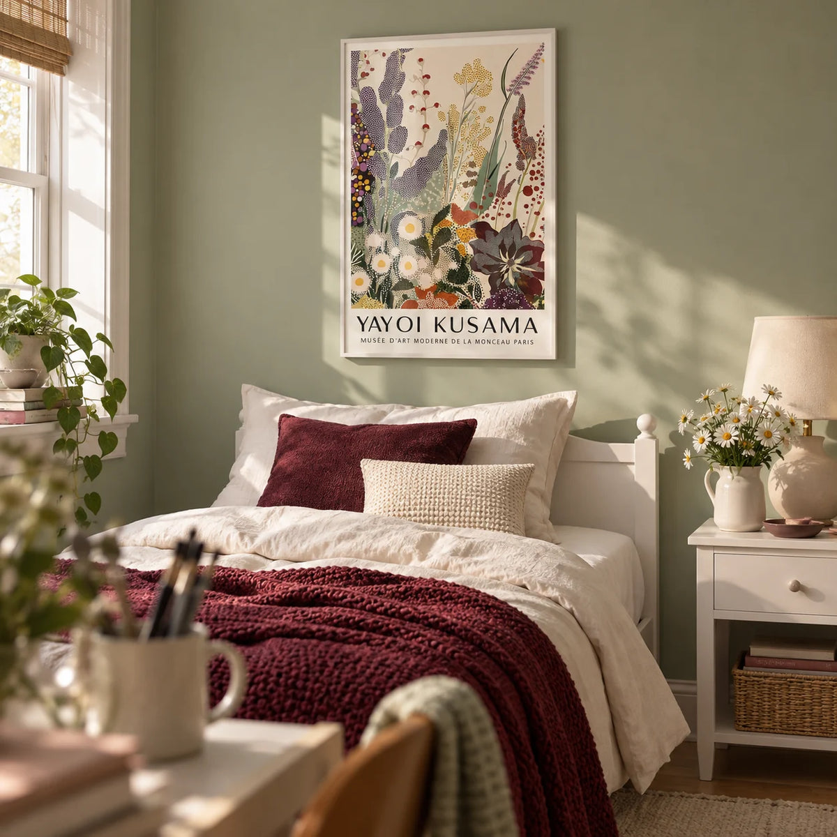 Abstract Floral Print, framed on the wall of a calm teen girl's bedroom (13-17) with a pale sage wall