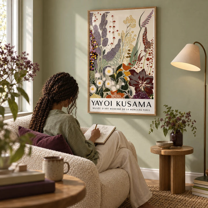 Abstract Floral Print, framed on the wall of a quiet reading corner with a soft sage wall in a living room