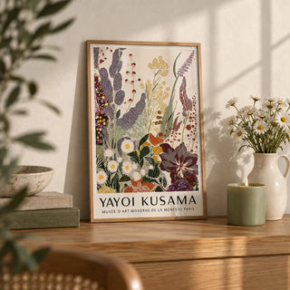 Abstract Floral Print, a small A4 framed print leaning on an oak shelf in a living room