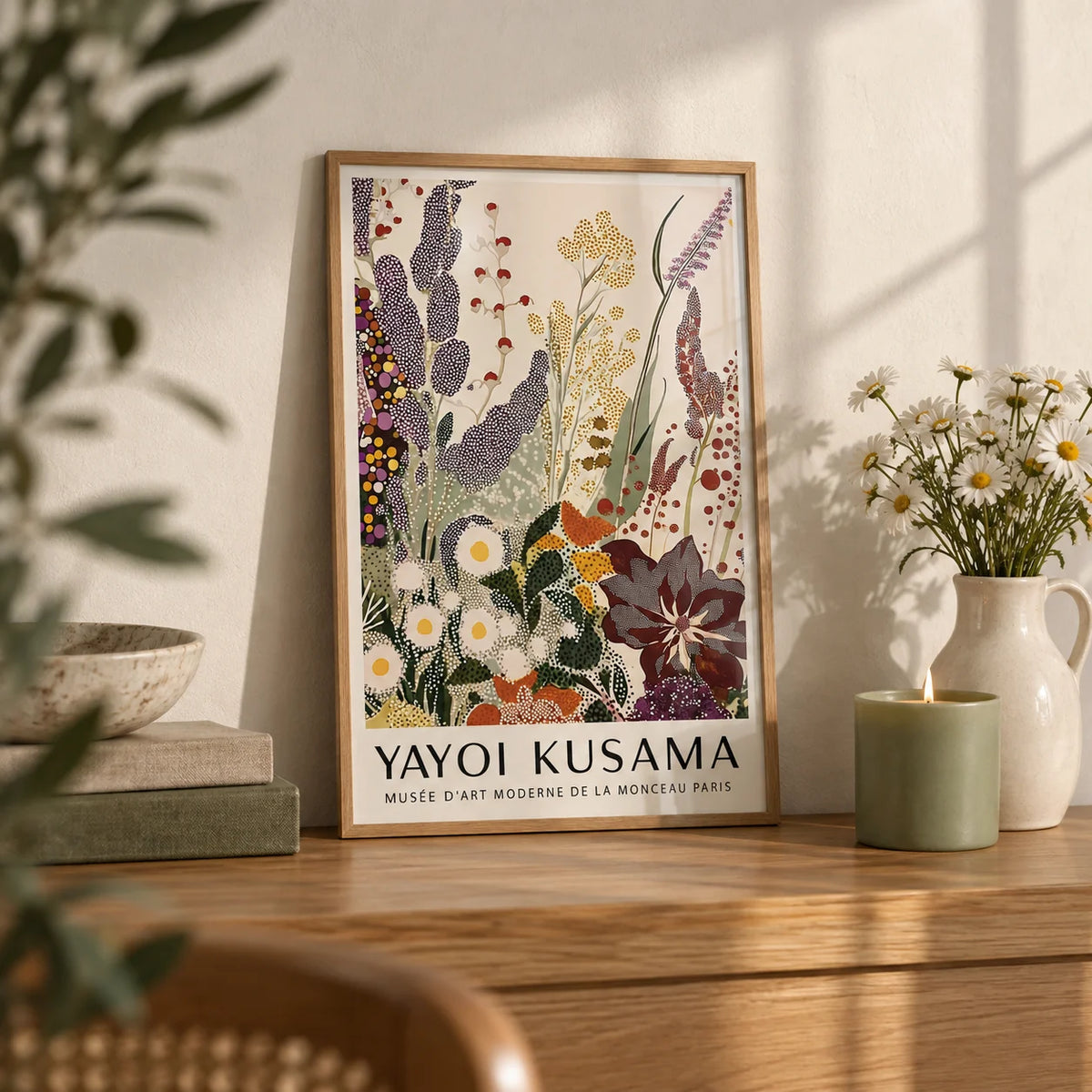 Abstract Floral Print, a small A4 framed print leaning on an oak shelf in a living room