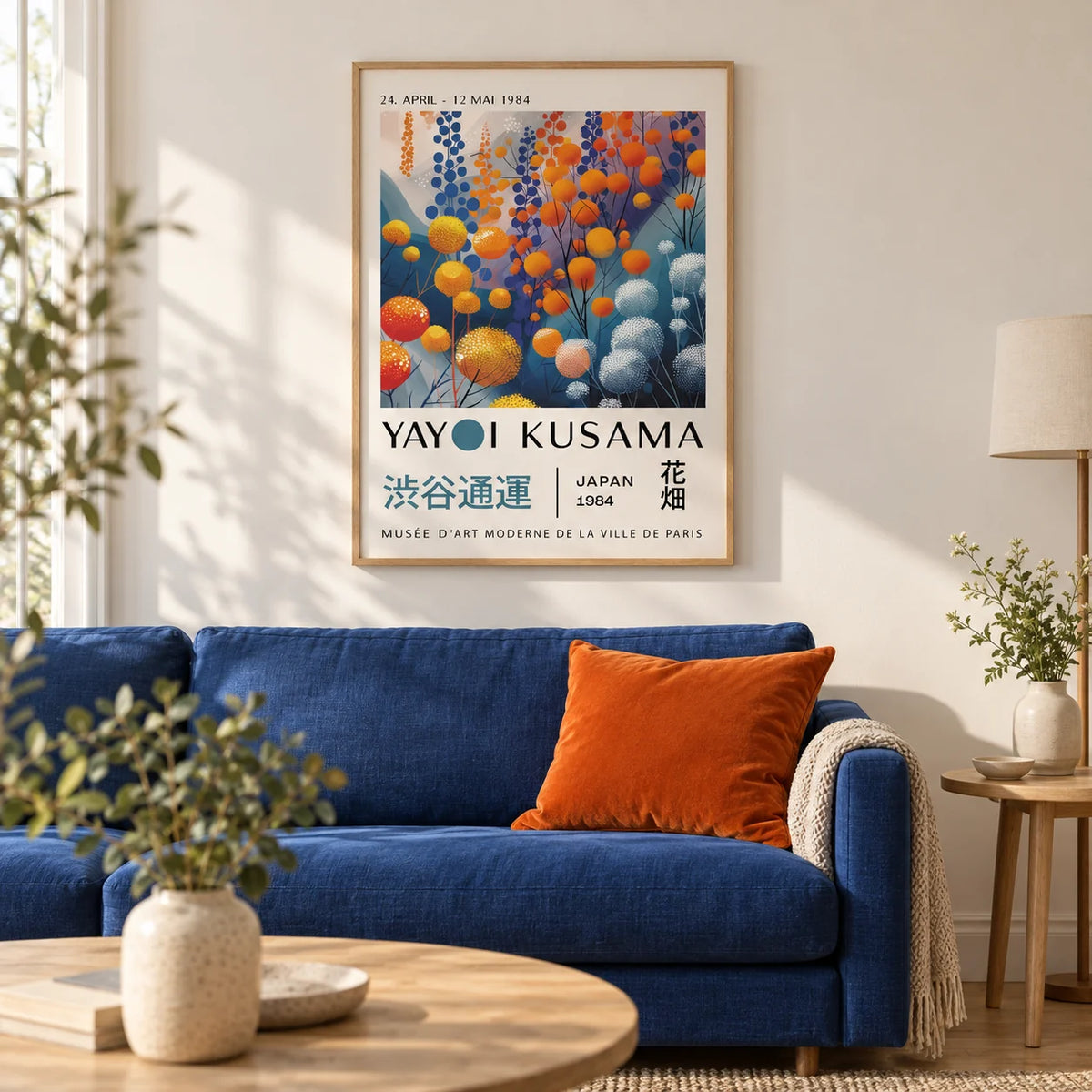 Abstract Floral Wall Art, framed on the wall of a bright living room with a warm white wall and a light oak floor