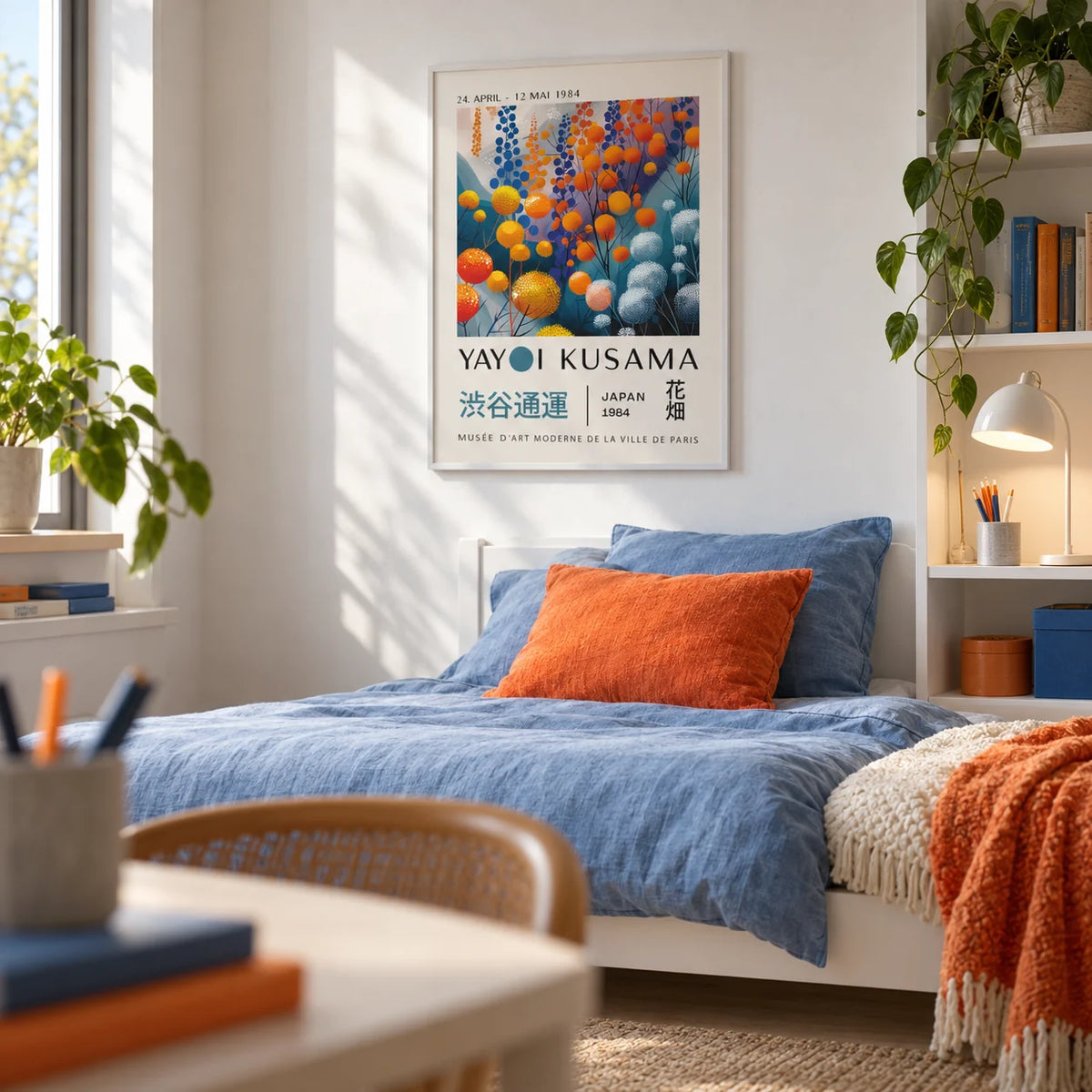 Abstract Floral Wall Art, framed on the wall of a bright single bedroom for a teen girl (13-17) with a white wall