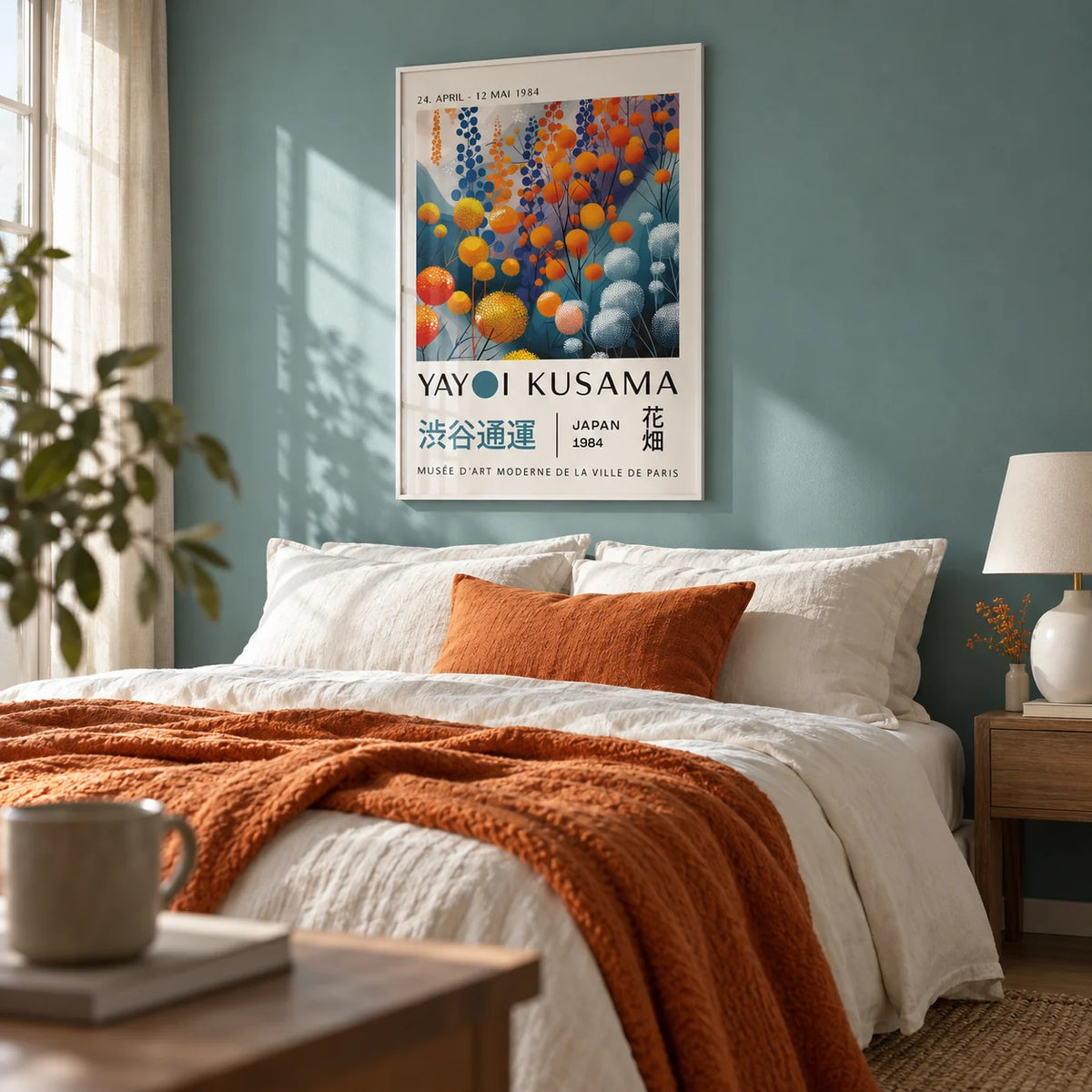 Abstract Floral Wall Art, framed on the wall of a calm bedroom with a soft teal painted wall