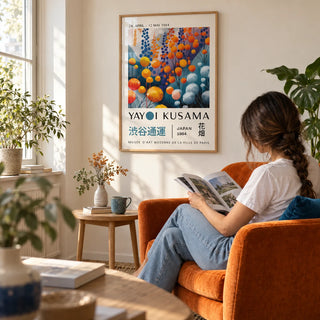 Abstract Floral Wall Art, framed on the wall of a cosy reading corner with a cream wall in a living room