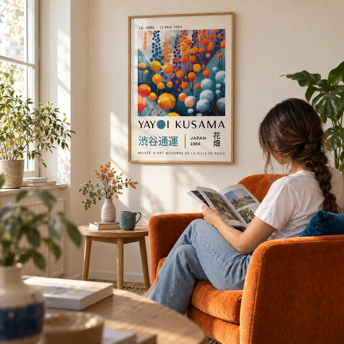 Abstract Floral Wall Art, framed on the wall of a cosy reading corner with a cream wall in a living room