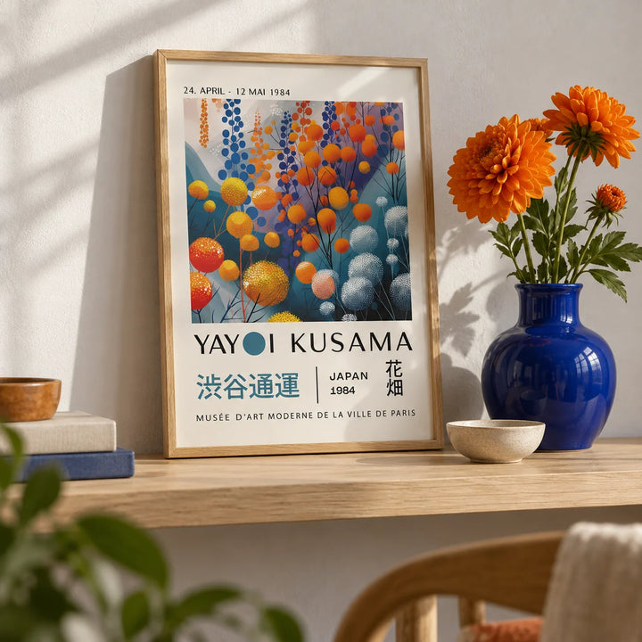 Abstract Floral Wall Art, a small A4 framed print leaning on a pale oak shelf in a living room