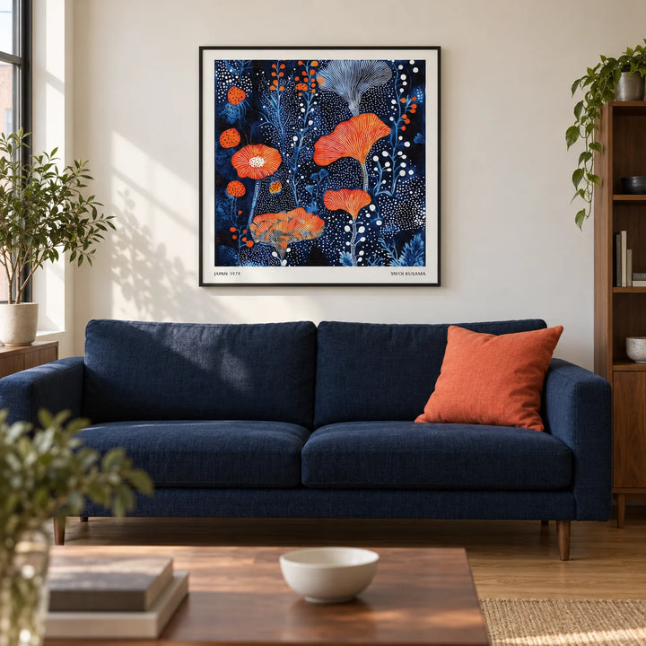 Abstract Flower Art, framed on the wall of a modern living room in a UK city flat with warm white walls