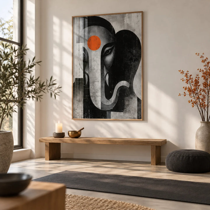 Abstract Ganesh Wall Art, framed on the wall of a calm meditation room
