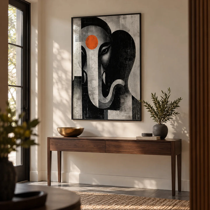Abstract Ganesh Wall Art, framed on the wall of a calm modern entryway