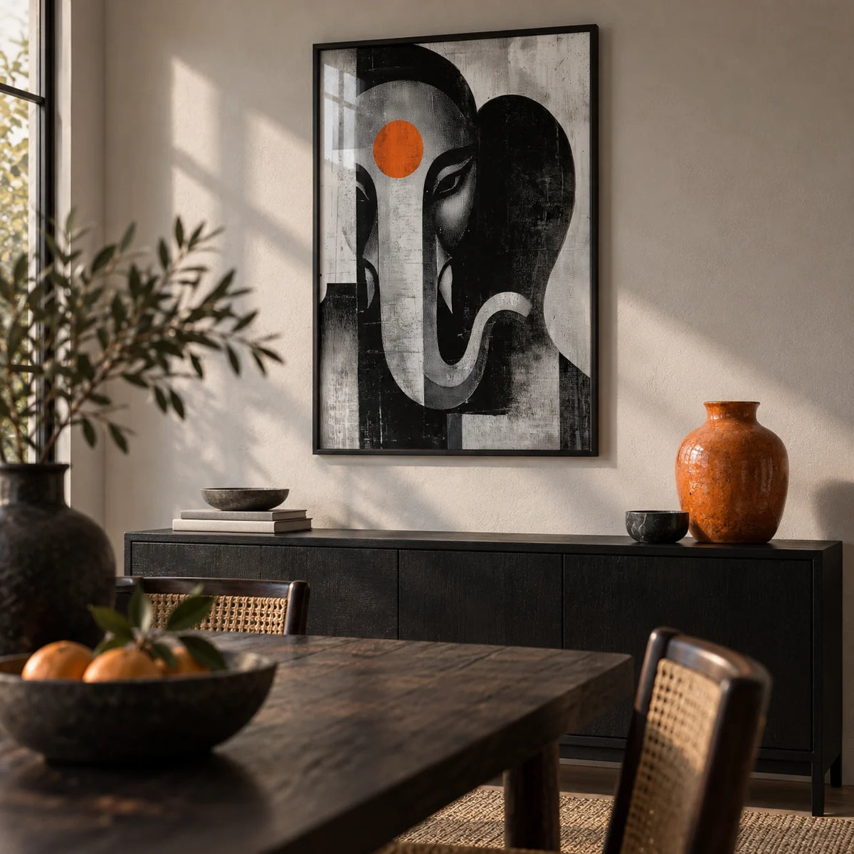 Abstract Ganesh Wall Art, framed on the wall of a modern dining room