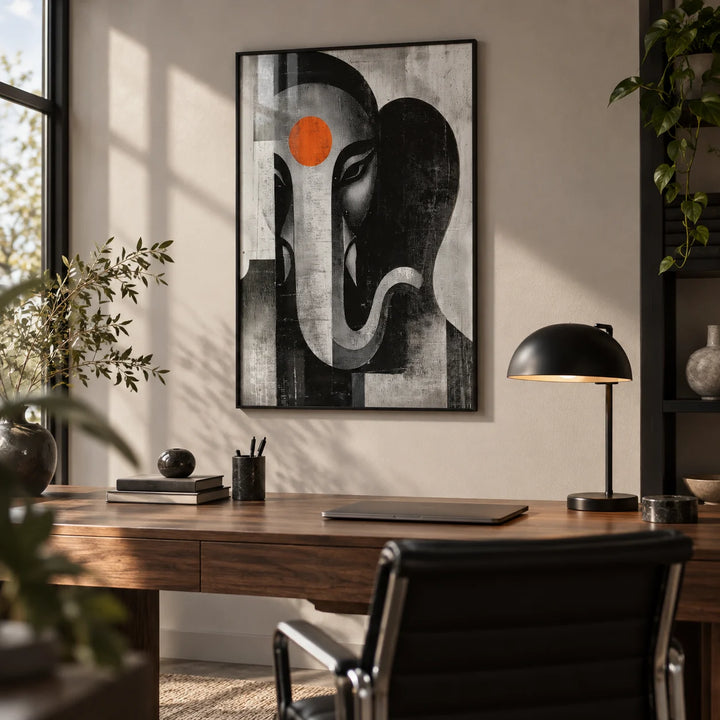 Abstract Ganesh Wall Art, framed on the wall of a modern home office