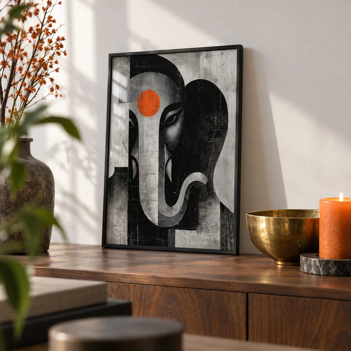 Abstract Ganesh Wall Art, a small A4 framed print leaning on a walnut sideboard in a living room