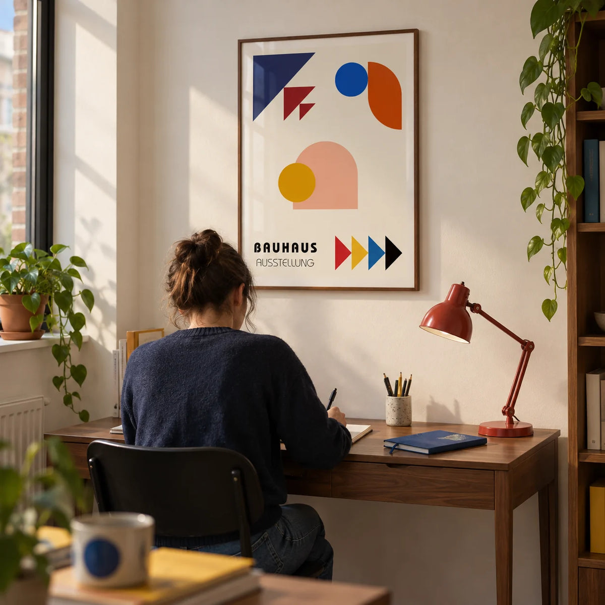 Abstract Geometric Art, framed on the wall of a compact home study in a modern UK flat with an off-white wall