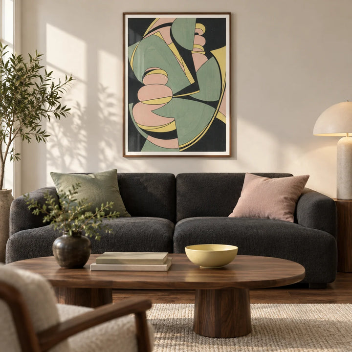 Abstract Geometric Art Print, framed on the wall of a design-led living room in a UK city flat with warm white walls and walnut floorboards