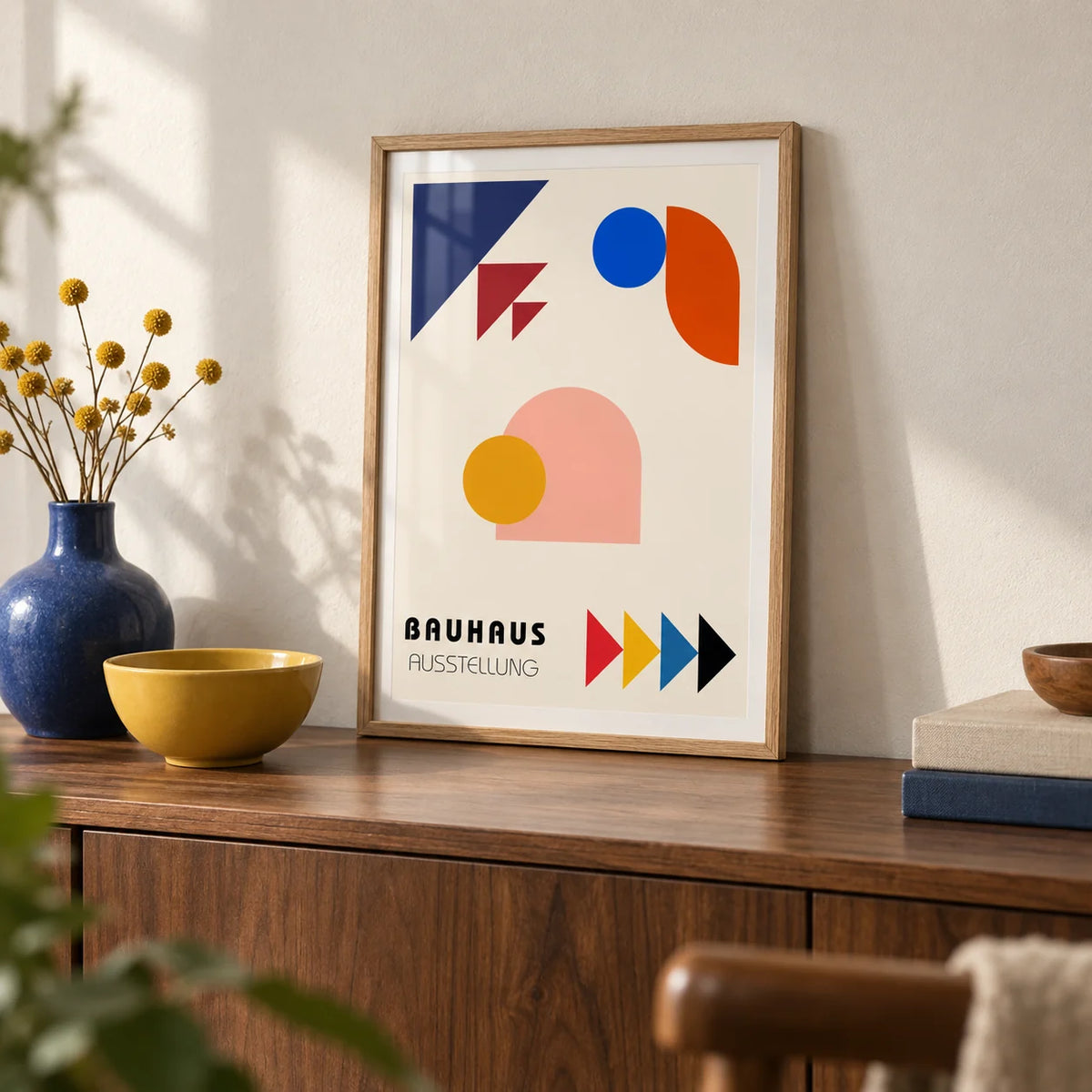Abstract Geometric Art, a small A4 framed print leaning on a walnut sideboard in a living room