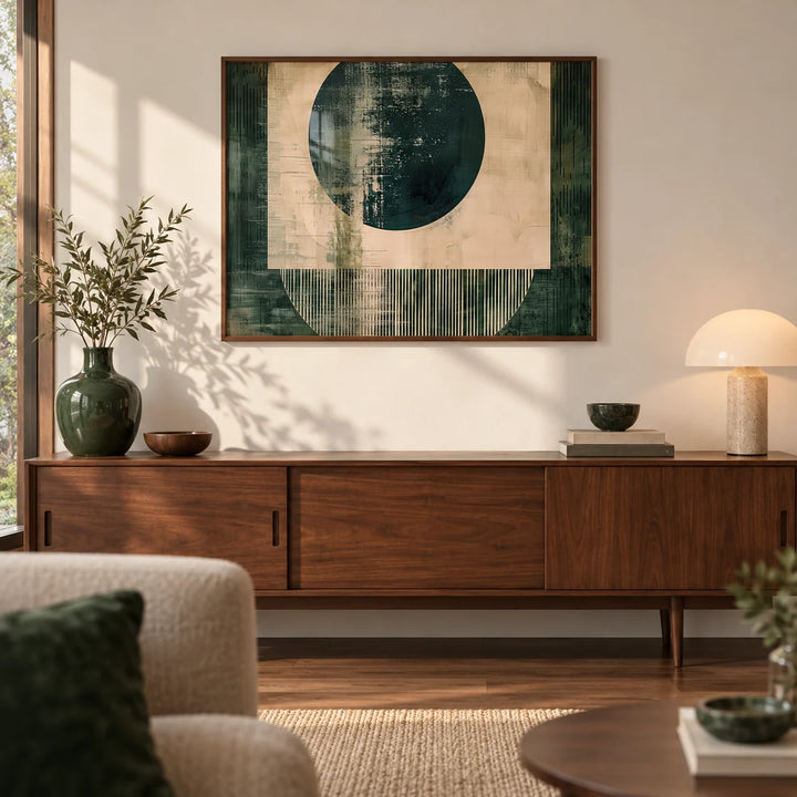 Abstract Geometric Poster, framed on the wall of a mid-century modern living room with a warm white wall and a walnut floor