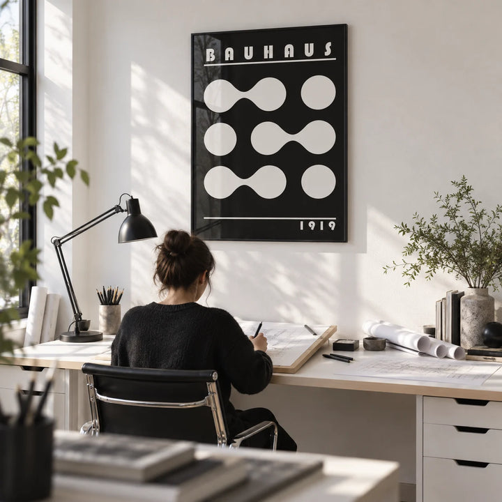 Abstract Geometric Print, framed on the wall of an architect's home studio with a white wall in a home office