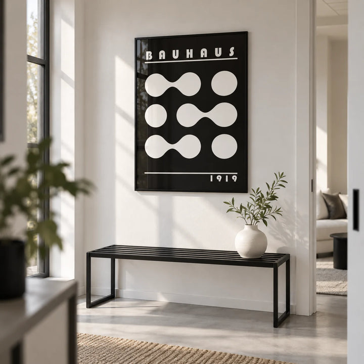 Abstract Geometric Print, framed on the wall of a crisp white hallway in a modern flat with a pale grey floor