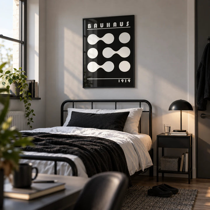 Abstract Geometric Print, framed on the wall of a sleek single bedroom for a male student or graduate (18-25) with a light grey wall