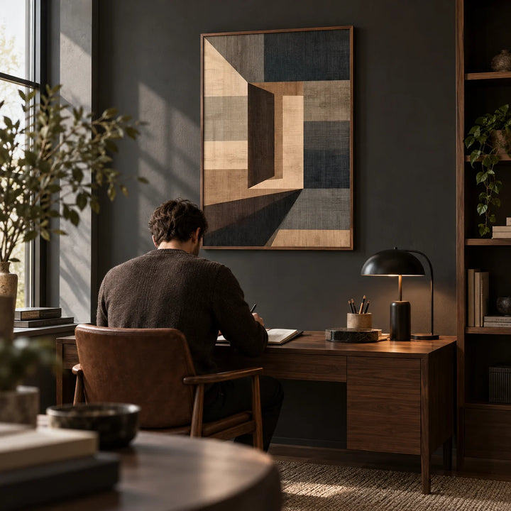 Abstract Geometric Wall Art, framed on the wall of a design-led home study with a charcoal wall