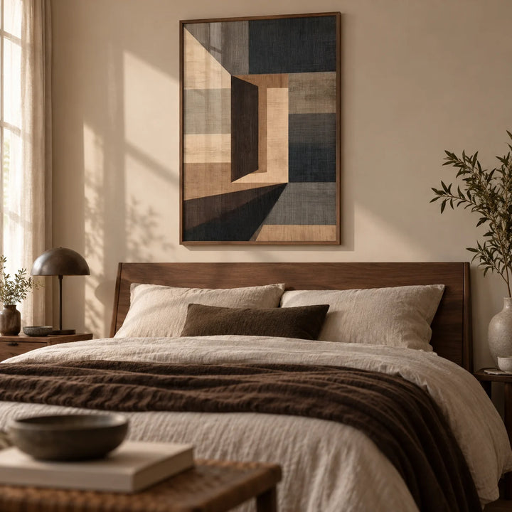 Abstract Geometric Wall Art, framed on the wall of a modern bedroom with a soft beige wall