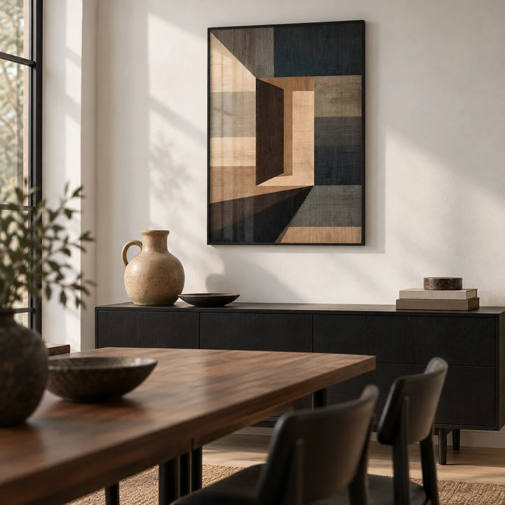 Abstract Geometric Wall Art, framed on the wall of a modern dining room with a white wall