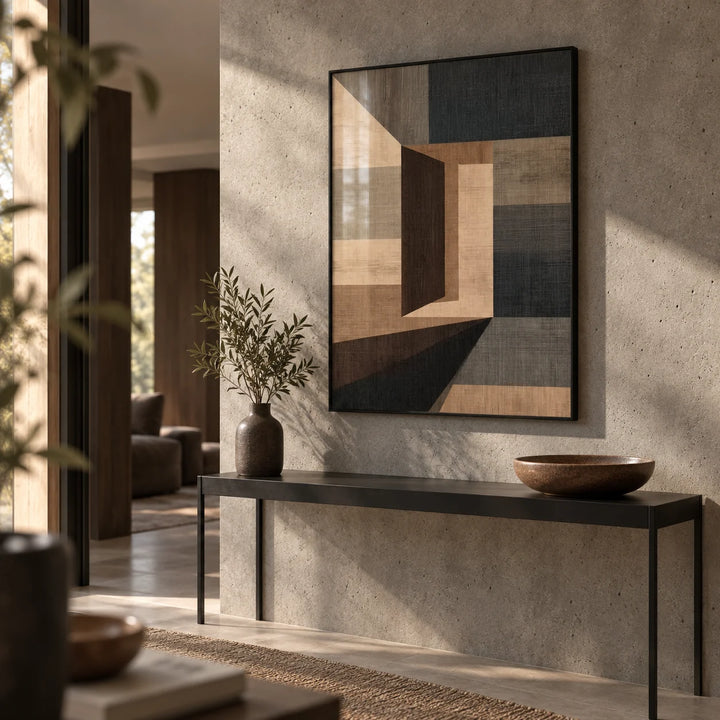 Abstract Geometric Wall Art, framed on the wall of a modern hallway with a concrete wall