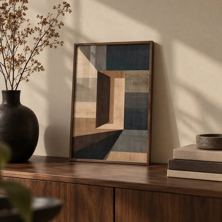 Abstract Geometric Wall Art, a small A4 framed print leaning on a walnut shelf in a living room