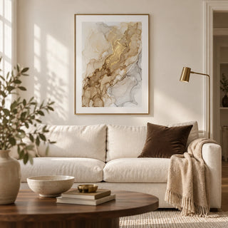 Abstract Gold Art Print, framed on the wall of a calm contemporary living room in a UK townhouse with warm white plaster walls and a walnut floor