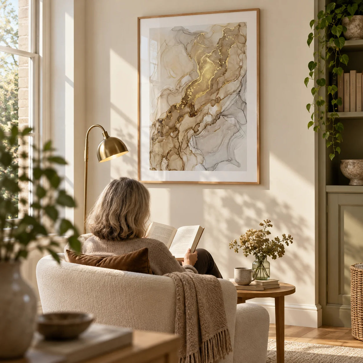 Abstract Gold Art Print, framed on the wall of a quiet reading corner beside a tall window in a mature couple's UK home with a warm white wall in a living room